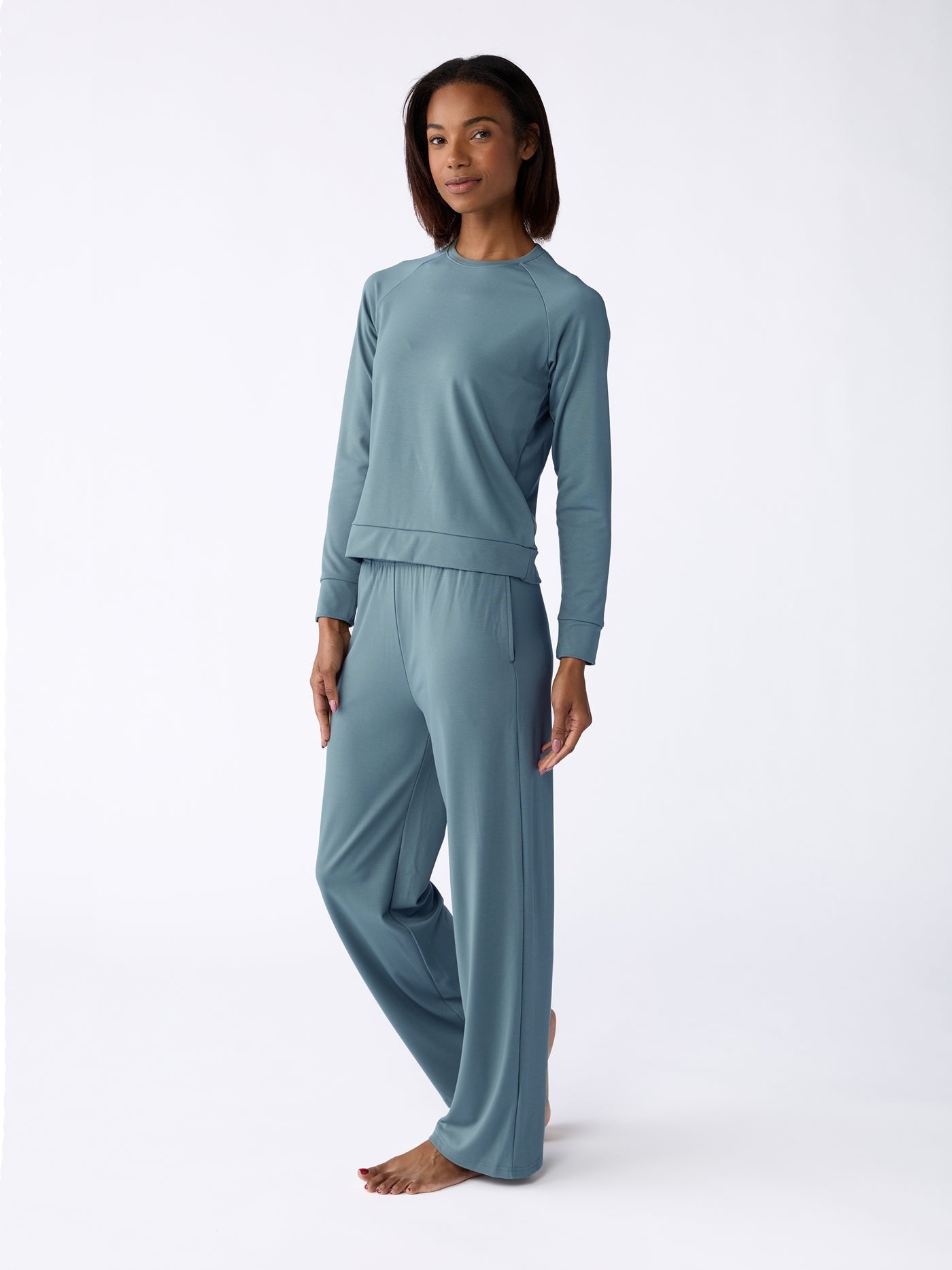 Women's Brushed Bamboo Wide Leg Pull On Pant & Pullover Crew Set