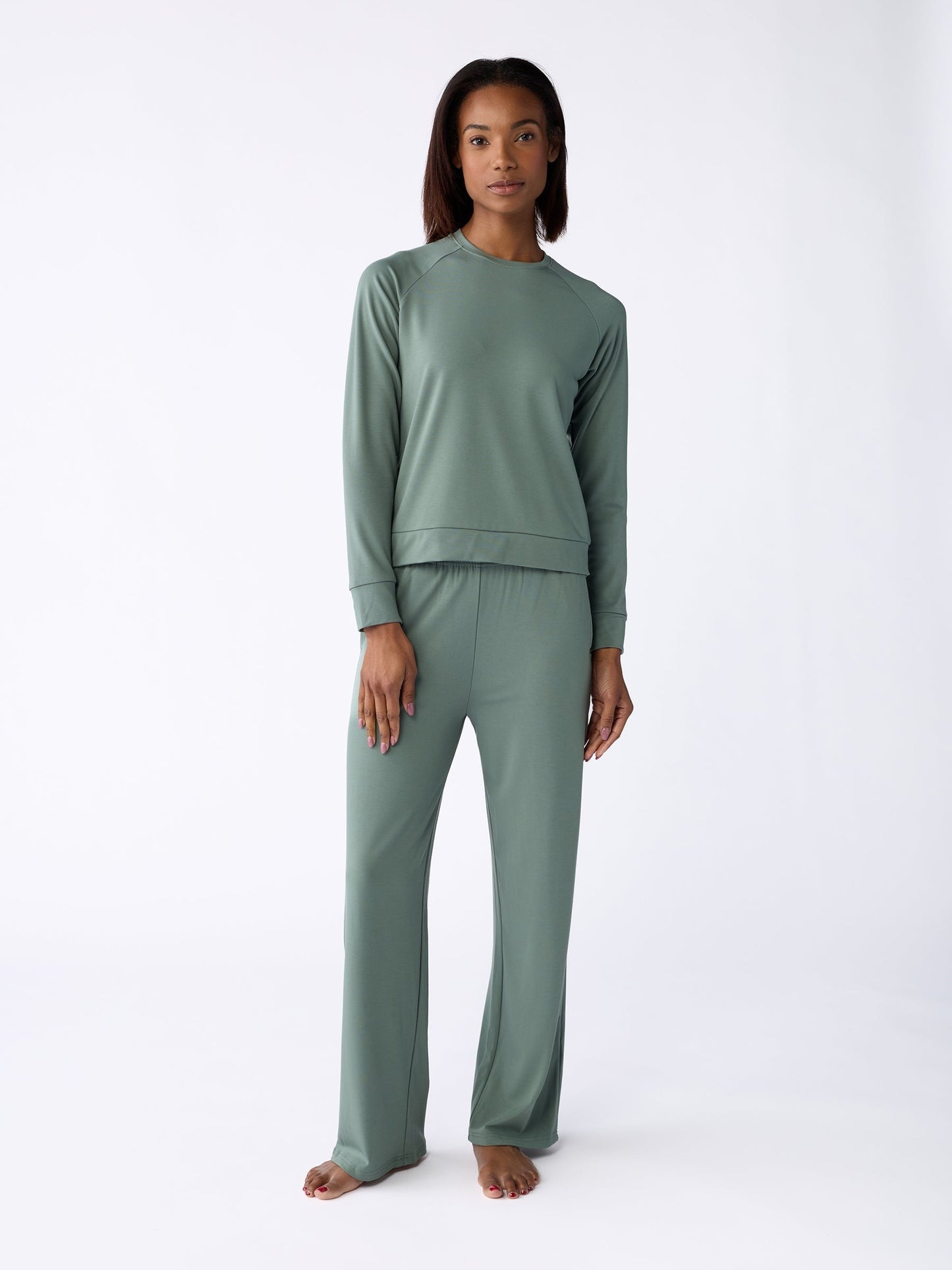 Women's Brushed Bamboo Wide Leg Pull On Pant & Pullover Crew Set